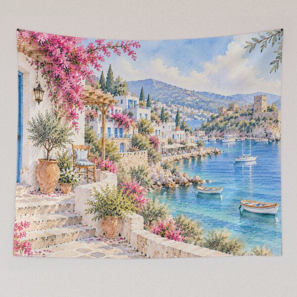 Item preview, Coastal Mediterranean Terrace Watercolour Blue Sea Painting designed and sold by Jozefin's Studio.
