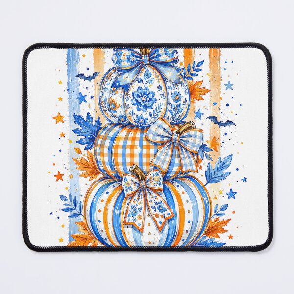 Item preview, Three Pumpkin Fall Design | Orange Blue Floral Striped Pumpkins with Bats & Bow designed and sold by Uniquememorable.