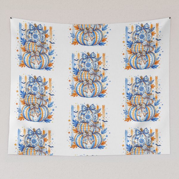 Item preview, Three Pumpkin Fall Design | Orange Blue Floral Striped Pumpkins with Bats & Bow designed and sold by Uniquememorable.