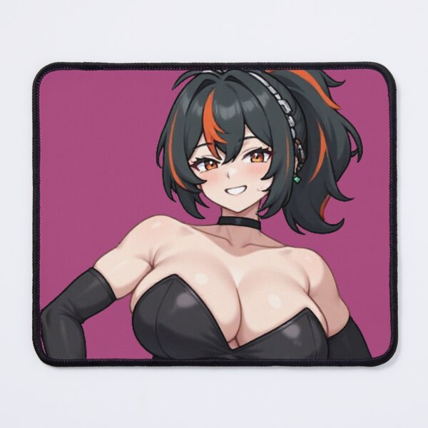 Item preview, Smiling Anime Waifu in Black Bodysuit with Orange Streaks Hair designed and sold by Jimakmo.