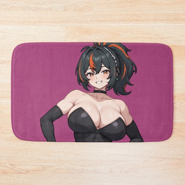 Item preview, Smiling Anime Waifu in Black Bodysuit with Orange Streaks Hair designed and sold by Jimakmo.
