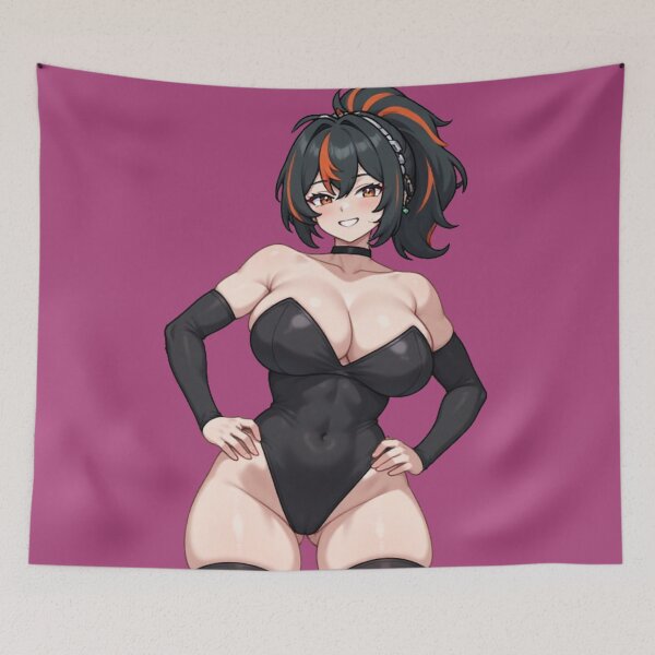 Item preview, Smiling Anime Waifu in Black Bodysuit with Orange Streaks Hair designed and sold by Jimakmo.