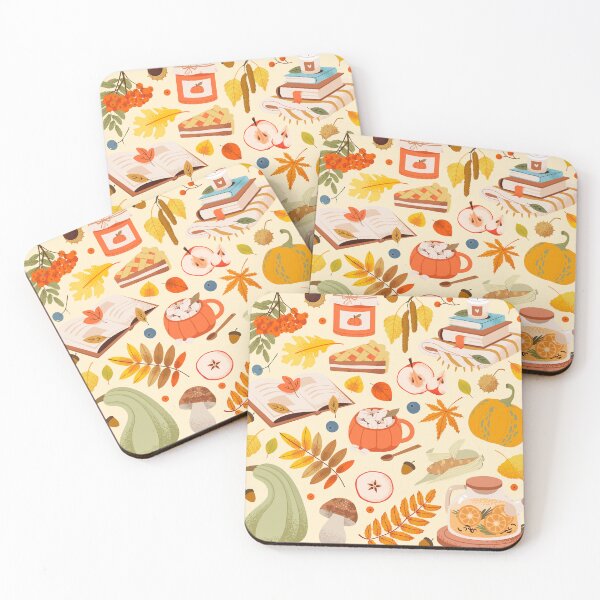 Item preview, Cozy Autumn Elements Pattern – Warm Fall Harvest, Books, Pumpkins & Tea Illustration designed and sold by MiaBellaGirl.