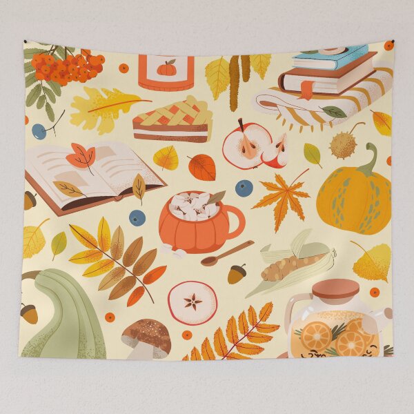 Item preview, Cozy Autumn Elements Pattern – Warm Fall Harvest, Books, Pumpkins & Tea Illustration designed and sold by MiaBellaGirl.