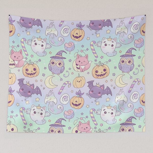Item preview, Cute Halloween Cat Witch Pattern with Pumpkins Moons and Stars designed and sold by ArtDesignTp.
