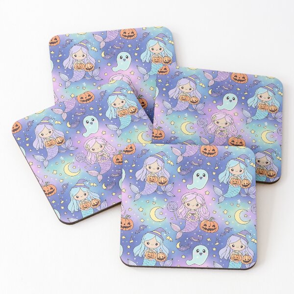 Item preview, Cute Halloween Mermaid Ghost Pattern with Pumpkins and Stars designed and sold by ArtDesignTp.