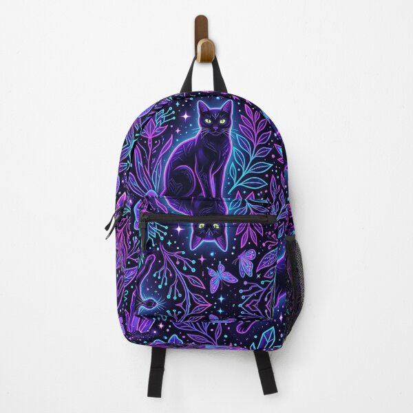 Item preview, mystical gothic cat floral pattern, dark purple boho wallpaper, witchy celestial feline seamless designed and sold by ArtDesignTp.