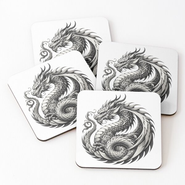 Item preview, Asian Dragon Coiled in Black and White Ink with Detailed Scales, Oriental Mythology designed and sold by CLC54.