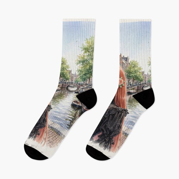 Item preview, Amsterdam Netherlands Travel Woman with Red Hair Exploring the Beautiful Canals of Amsterdam European Travel Adventure Dutch City Architecture and Wanderlust designed and sold by DibujandoPorfa.