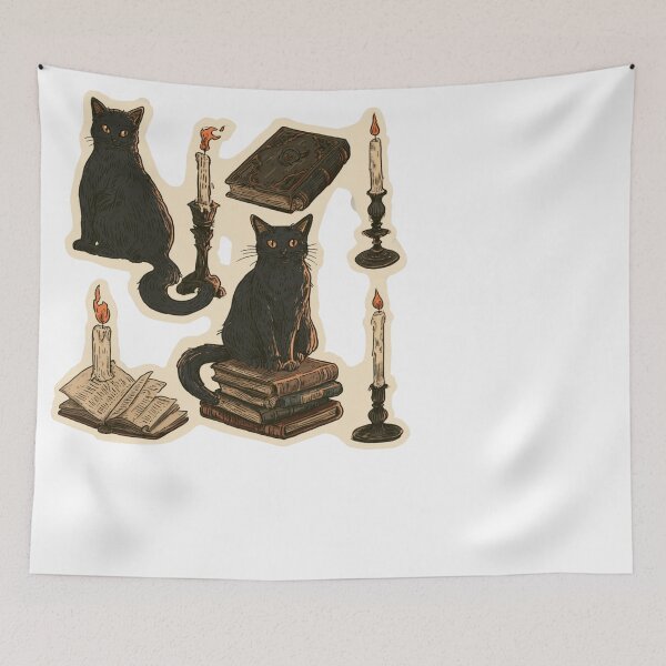 Item preview, Witchy Black Cat Books Candles Gothic Academia designed and sold by NicolasGlowArt.