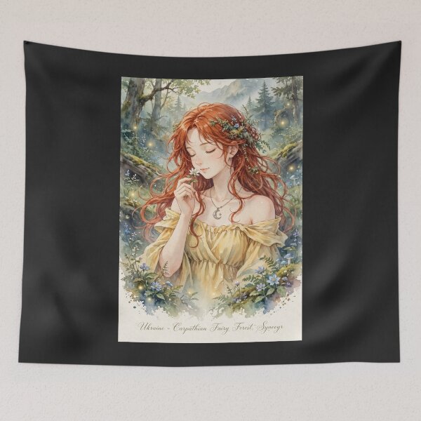 Item preview, Ukraine Synevyr Carpathian Mountains Travel Adventure with Red Haired Woman Smelling a Wildflower in a Magical Forest Lake European Nature Wanderlust designed and sold by DibujandoPorfa.