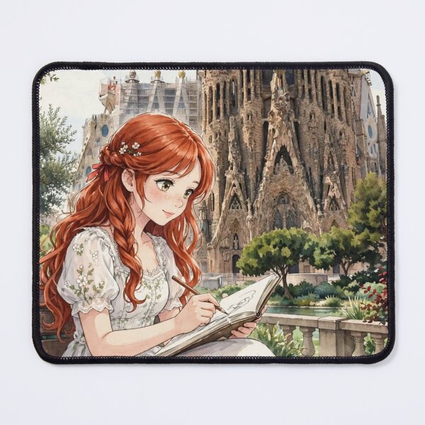 Item preview, Barcelona Spain Travel Adventure with Red Haired Woman Exploring the Iconic Sagrada Familia Famous European Architecture City Travel and Wanderlust designed and sold by DibujandoPorfa.