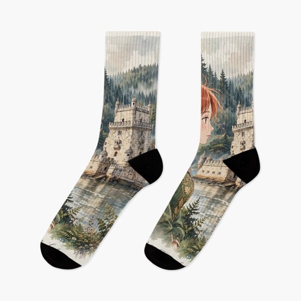 Item preview, Belém Tower Lisbon Portugal Travel Adventure Exploring the Iconic Portuguese Landmark Historic Architecture European City Travel and Wanderlust with Red Haired Woman designed and sold by DibujandoPorfa.