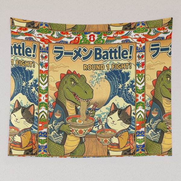 Item preview, Funny Nippon Dino-Cat Anime Food Battle Quote | RAMEN (ラーメン) BATTLE! ROUND 1 FIGHT! designed and sold by Giulivo Store Graphic.