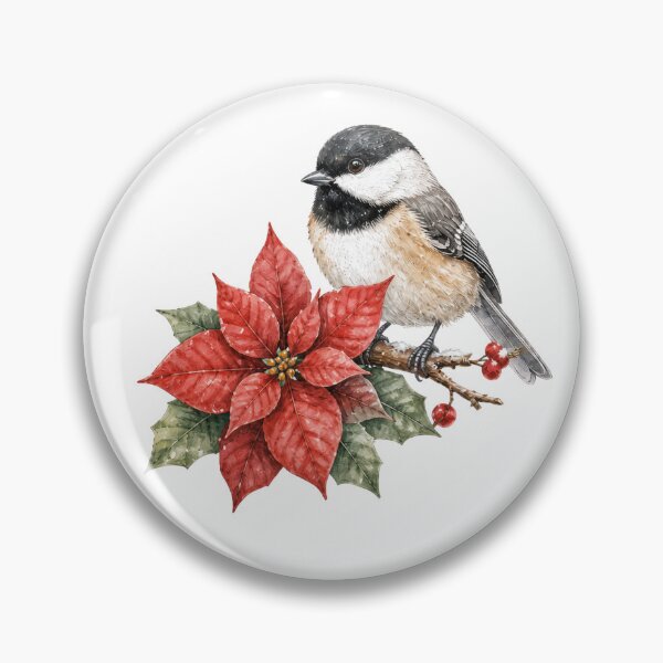 Item preview, Christmas Chickadee Bird with Red Poinsettia Flowers designed and sold by JessArty ⭐⭐⭐⭐⭐.