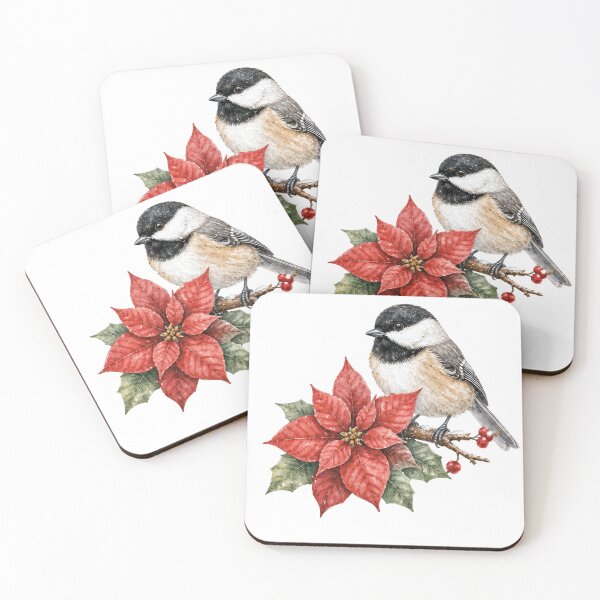 Item preview, Christmas Chickadee Bird with Red Poinsettia Flowers designed and sold by JessArty ⭐⭐⭐⭐⭐.