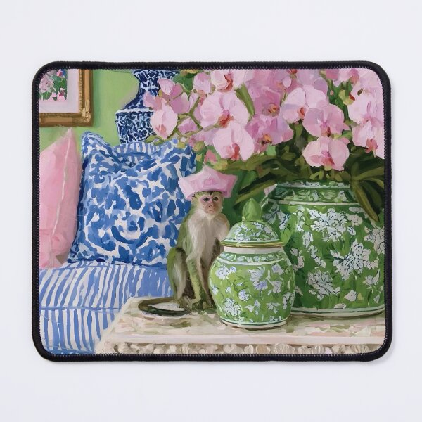 Item preview, Cheeky Monkey and pink orchids in chinoiserie room designed and sold by SophieClimaArt.