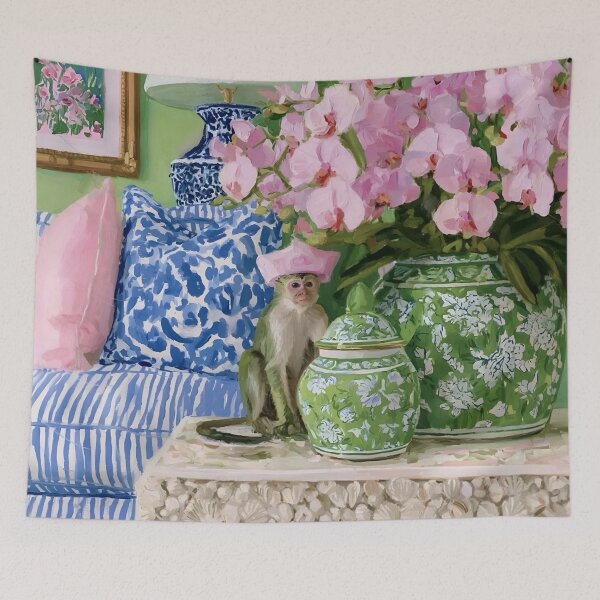 Item preview, Cheeky Monkey and pink orchids in chinoiserie room designed and sold by SophieClimaArt.