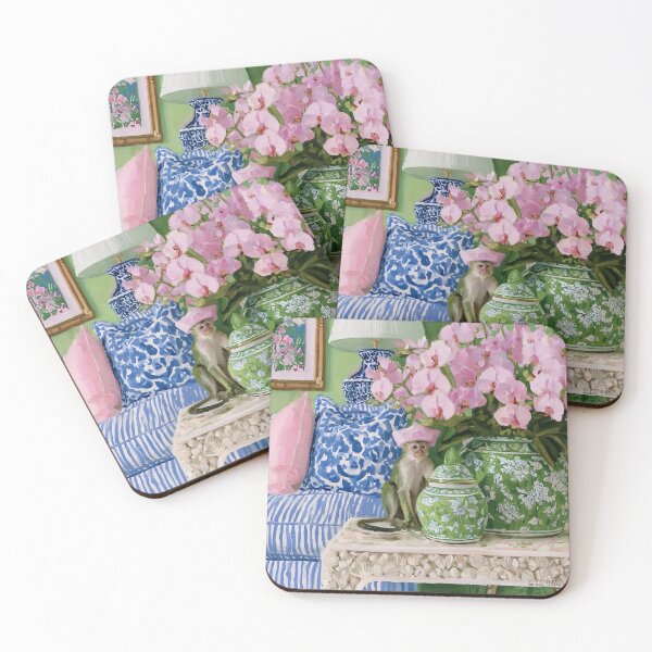 Item preview, Cheeky Monkey and pink orchids in chinoiserie room designed and sold by SophieClimaArt.