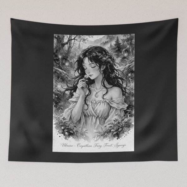 Item preview, Ukraine Synevyr Carpathian Mountains Travel Adventure with Red Haired Woman Smelling a Wildflower in a Magical Forest Lake European Nature Wanderlust designed and sold by DibujandoPorfa.