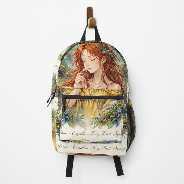 Item preview, Ukraine Synevyr Carpathian Mountains Travel Adventure with Red Haired Woman Smelling a Wildflower in a Magical Forest  designed and sold by DibujandoPorfa.