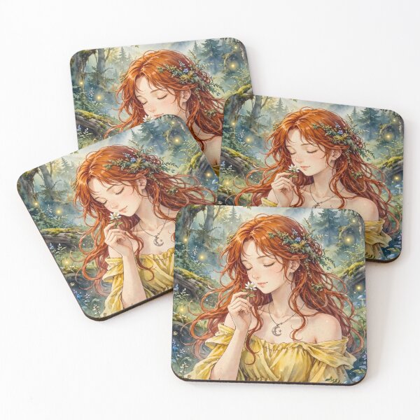 Item preview, Ukraine Synevyr Carpathian Mountains Travel Adventure with Red Haired Woman Smelling a Wildflower in a Magical Forest  designed and sold by DibujandoPorfa.