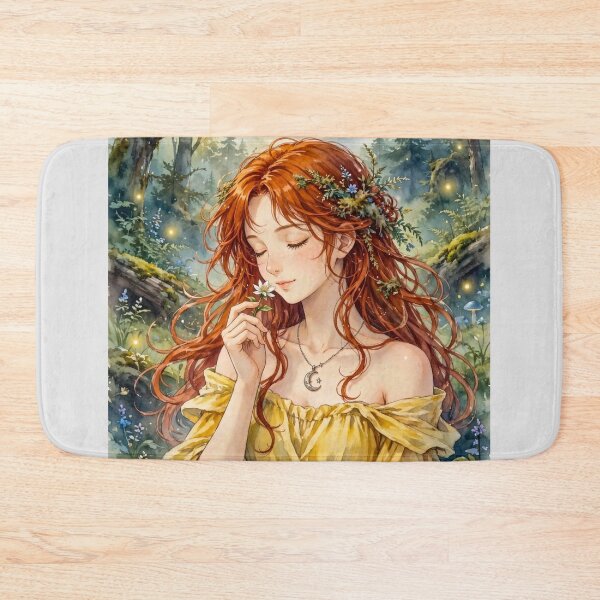 Item preview, Ukraine Synevyr Carpathian Mountains Travel Adventure with Red Haired Woman Smelling a Wildflower in a Magical Forest  designed and sold by DibujandoPorfa.