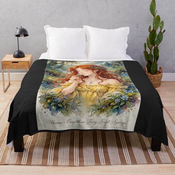 Item preview, Ukraine Synevyr Carpathian Mountains Travel Adventure with Red Haired Woman Smelling a Wildflower in a Magical Forest designed and sold by DibujandoPorfa.