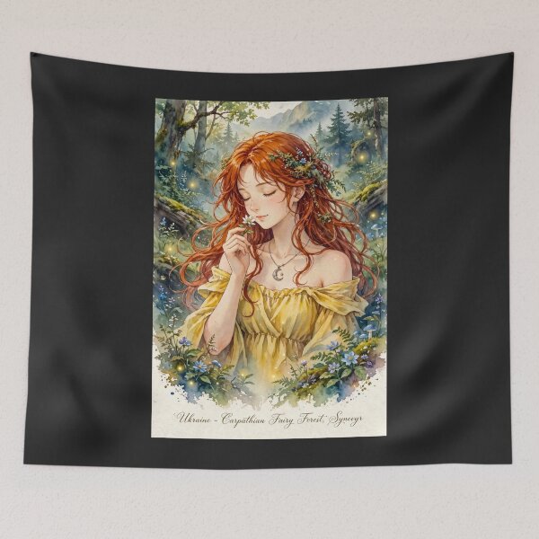 Item preview, Ukraine Synevyr Carpathian Mountains Travel Adventure with Red Haired Woman Smelling a Wildflower in a Magical Forest  designed and sold by DibujandoPorfa.