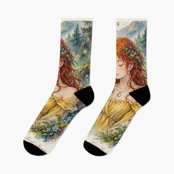 Item preview, Ukraine Synevyr Carpathian Mountains Travel Adventure with Red Haired Woman Smelling a Wildflower in a Magical Forest  designed and sold by DibujandoPorfa.