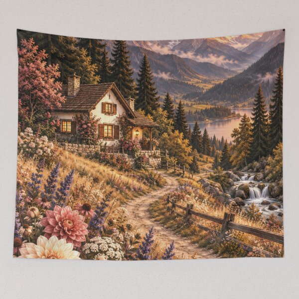 Item preview, Mountain Cottage Among Autumn Wildflowers designed and sold by scicilysimonee.