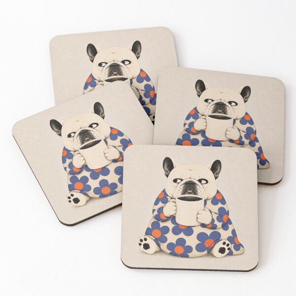 Item preview, Grumpy French Bulldog with Coffee – Retro Blue Floral Frenchie designed and sold by joycrysstudio.