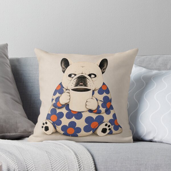 Item preview, Grumpy French Bulldog with Coffee – Retro Blue Floral Frenchie designed and sold by joycrysstudio.