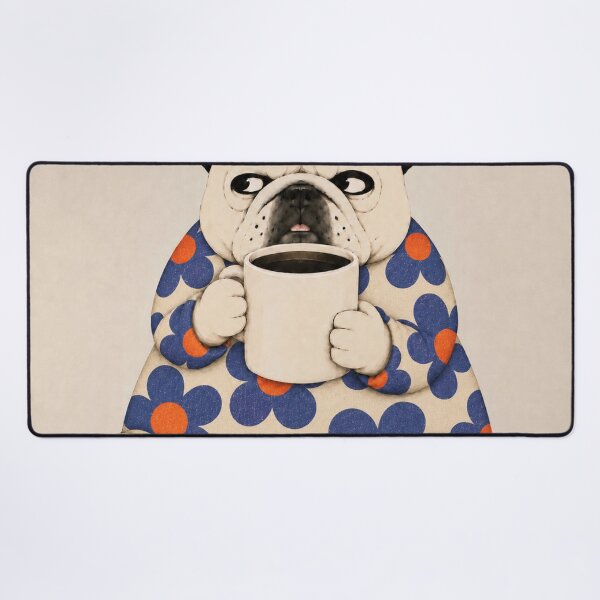 Item preview, Grumpy French Bulldog with Coffee – Retro Blue Floral Frenchie designed and sold by joycrysstudio.