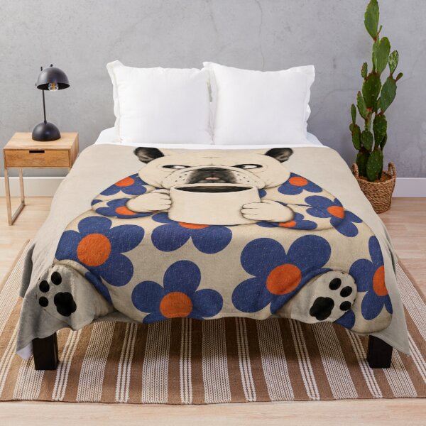 Item preview, Grumpy French Bulldog with Coffee – Retro Blue Floral Frenchie designed and sold by joycrysstudio.