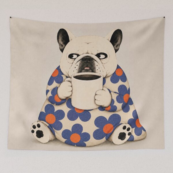 Item preview, Grumpy French Bulldog with Coffee – Retro Blue Floral Frenchie designed and sold by joycrysstudio.