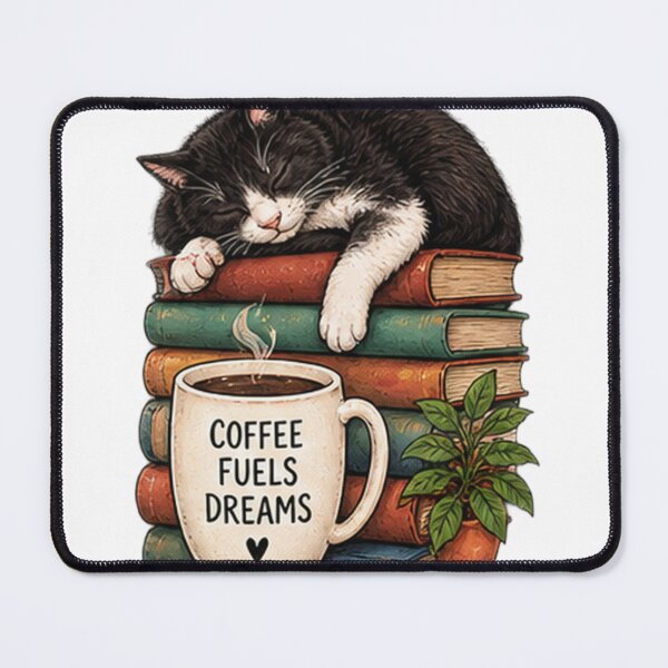 Item preview, Coffee Fuels Dreams Sleepy Cat on Books Sticker | Cozy Coffee Lover designed and sold by DrAsmaaMohamed.