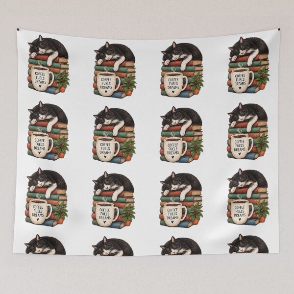 Item preview, Coffee Fuels Dreams Sleepy Cat on Books Sticker | Cozy Coffee Lover designed and sold by DrAsmaaMohamed.
