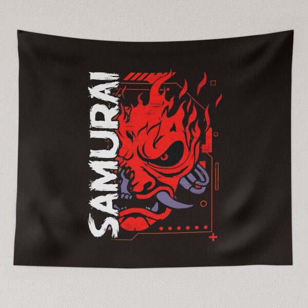 Item preview, Samurai Demon Mask Flames Cyberpunk Rock Art designed and sold by FlipStrawSpot.