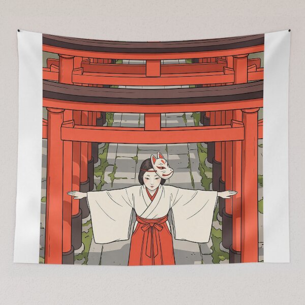 Item preview, Shrine Maiden Dancing Through Torii Gates designed and sold by TokyoUkiyoHouse.