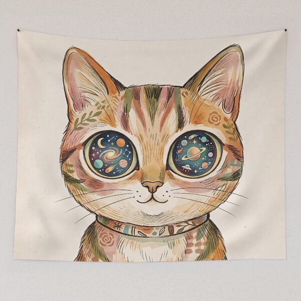 Item preview, Cosmic Galaxy Eyes Cat Vintage Floral Illustration designed and sold by ZahraaStudio.