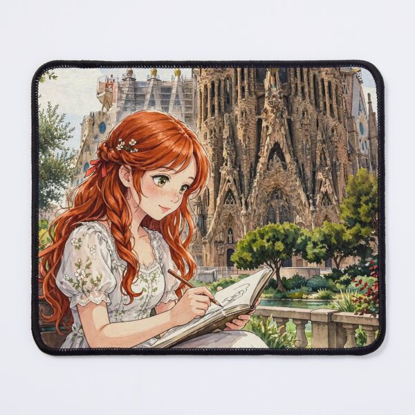 Item preview, Barcelona Spain with Red Haired Woman Exploring the Iconic Sagrada Familia Famous European Architecture City Travel and Wanderlust designed and sold by DibujandoPorfa.