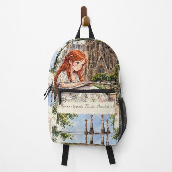 Item preview, Barcelona Spain with Red Haired Woman Exploring the Iconic Sagrada Familia Famous European Architecture City Travel and Wanderlust designed and sold by DibujandoPorfa.