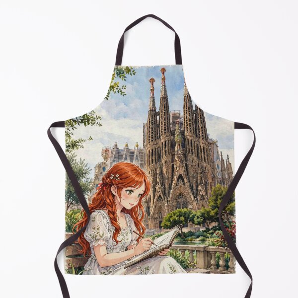 Item preview, Barcelona Spain with Red Haired Woman Exploring the Iconic Sagrada Familia Famous European Architecture City Travel and Wanderlust designed and sold by DibujandoPorfa.