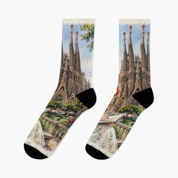 Item preview, Barcelona Spain with Red Haired Woman Exploring the Iconic Sagrada Familia Famous European Architecture City Travel and Wanderlust designed and sold by DibujandoPorfa.