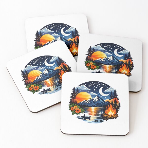 Item preview, Mountain Sunset Campfire Lake Night Sky Adventure Illustration designed and sold by Alphakenon.