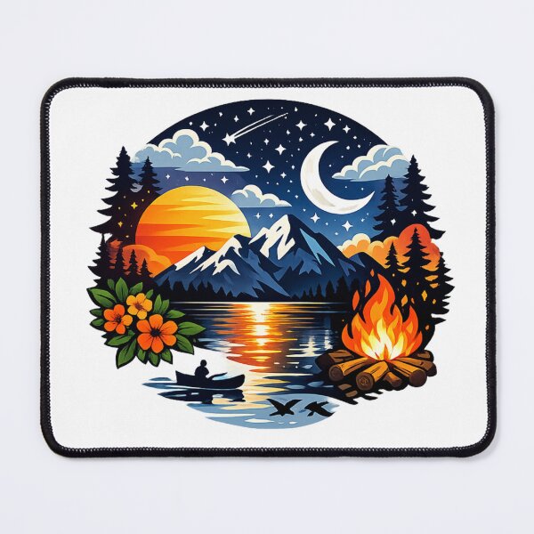 Item preview, Mountain Sunset Campfire Lake Night Sky Adventure Illustration designed and sold by Alphakenon.