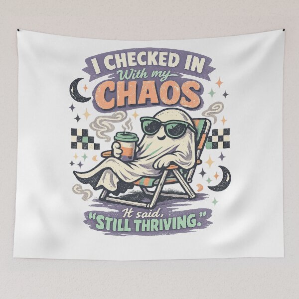 Item preview, I Checked In With My Chaos Still Thriving Funny Ghost Retro Halloween Art designed and sold by inkoutninja.