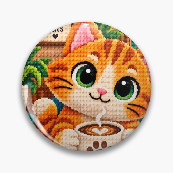 Item preview,  Cute Orange Cat with Coffee – Colorful Building Block Mosaic Art designed and sold by WildWhimsy Art.