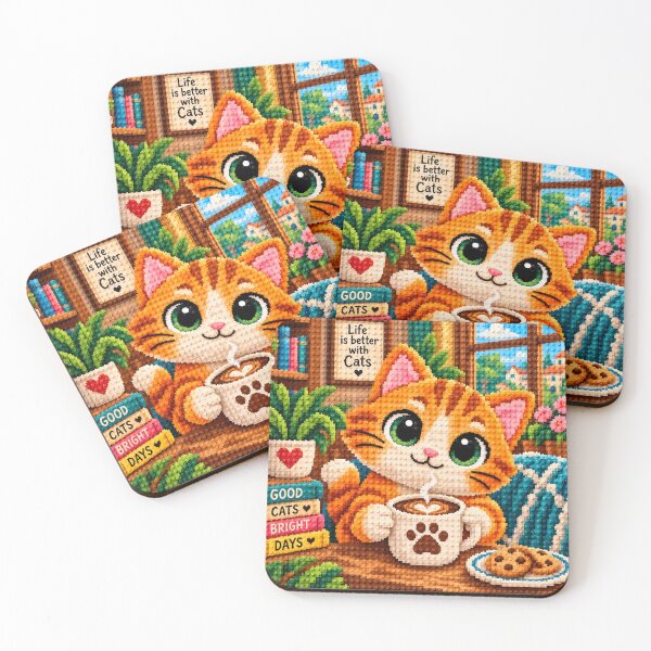 Item preview,  Cute Orange Cat with Coffee – Colorful Building Block Mosaic Art designed and sold by WildWhimsy Art.